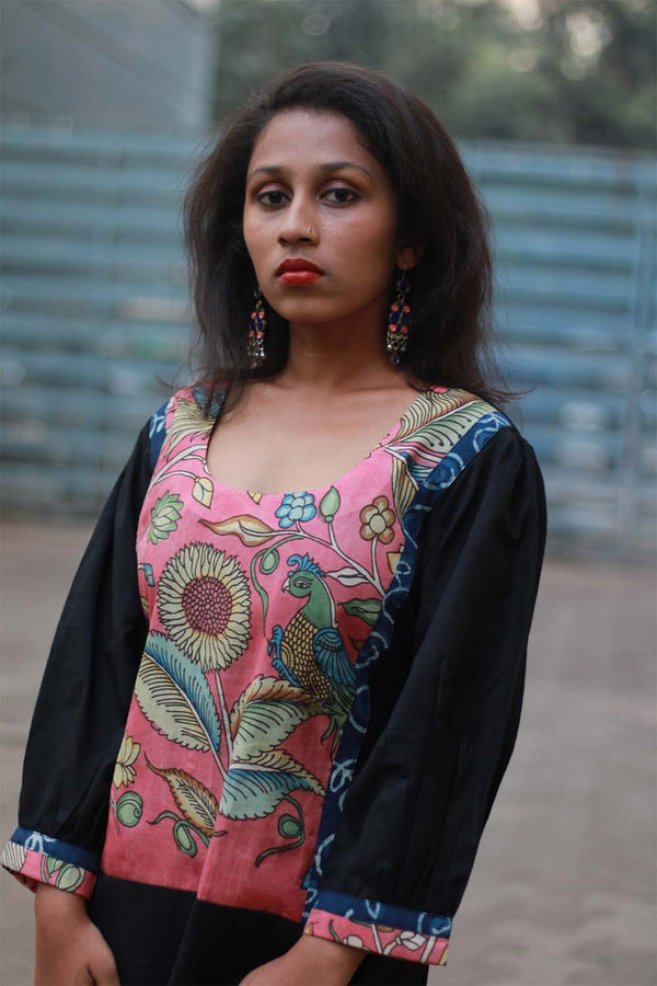 Short Dress with Pen Kalamkari- Black
