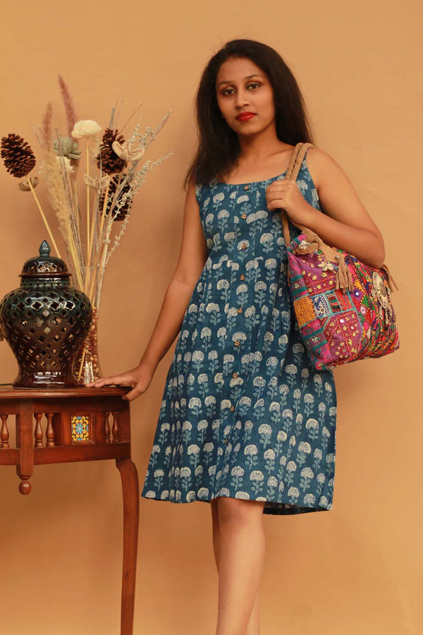 Buttoned Dress- Indigo Marigolds