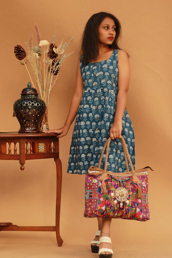 Buttoned Dress- Indigo Marigolds