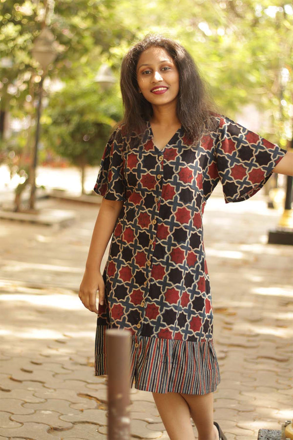 Flirty Frill Dress in Ajrakh Shatkon