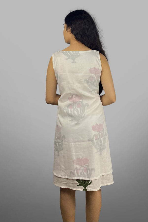 Layered Short Dress in Rose Sanganeri Florals