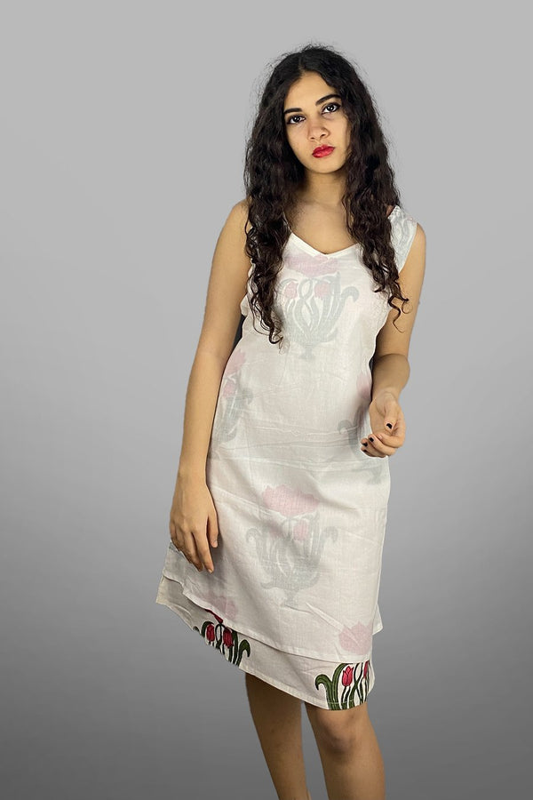 Layered Short Dress in Rose Sanganeri Florals