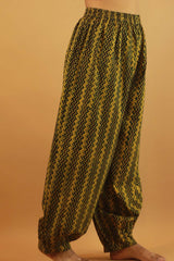 Suhaira | Harem Pants | Yellow and Green Chevron Ajrakh