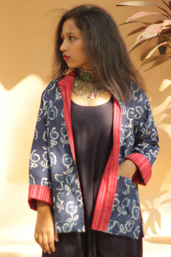 Reversible Short Jacket - Indigo/Red Kantha