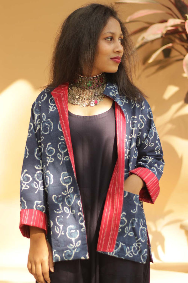 Reversible Short Jacket - Indigo/Red Kantha