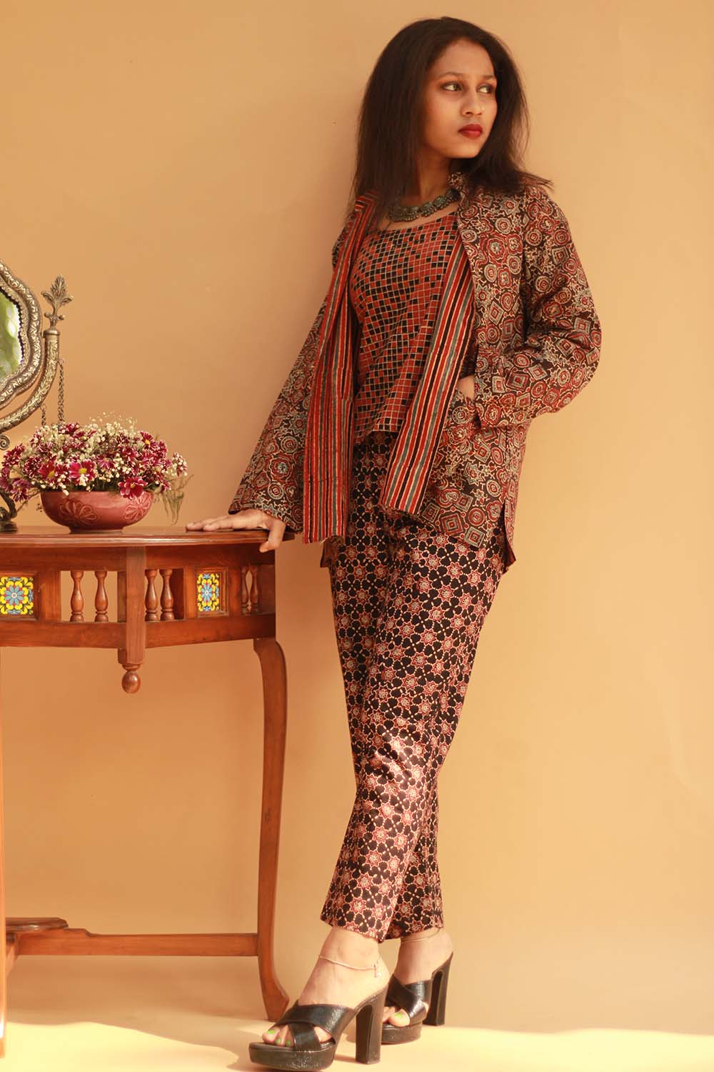 Pranava | Slim Pants |  Noir Trellis Ajrakh
