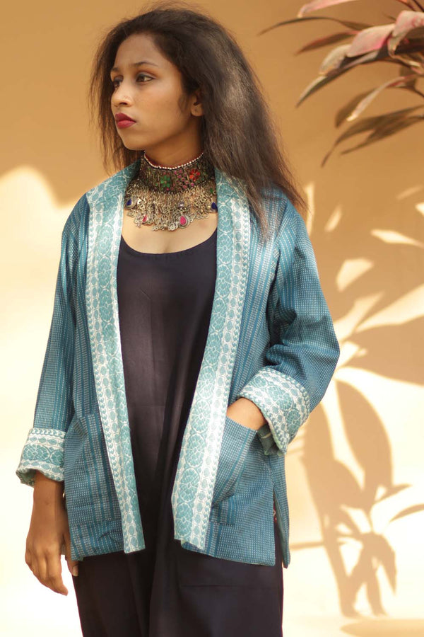 Reversible Short Jacket- Teal Kantha and Stripes