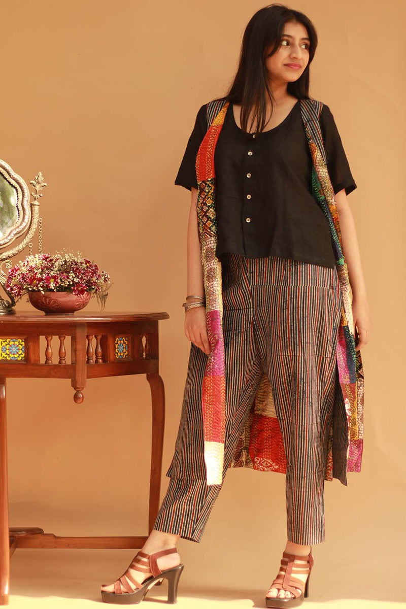 Sleeveless Reversible Jacket - Mosaic Kantha Silk/ Ajrakh Stripes