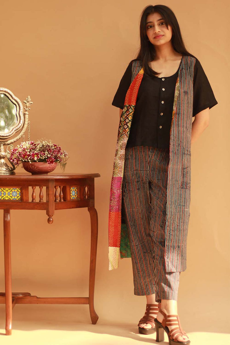 Sleeveless Reversible Jacket - Mosaic Kantha Silk/ Ajrakh Stripes