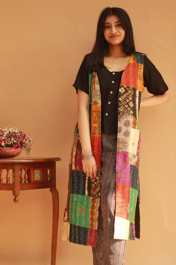 Sleeveless Reversible Jacket - Mosaic Kantha Silk/ Ajrakh Stripes