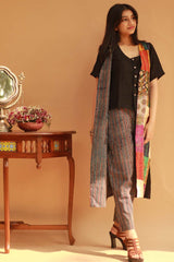 Sleeveless Reversible Jacket - Mosaic Kantha Silk/ Ajrakh Stripes
