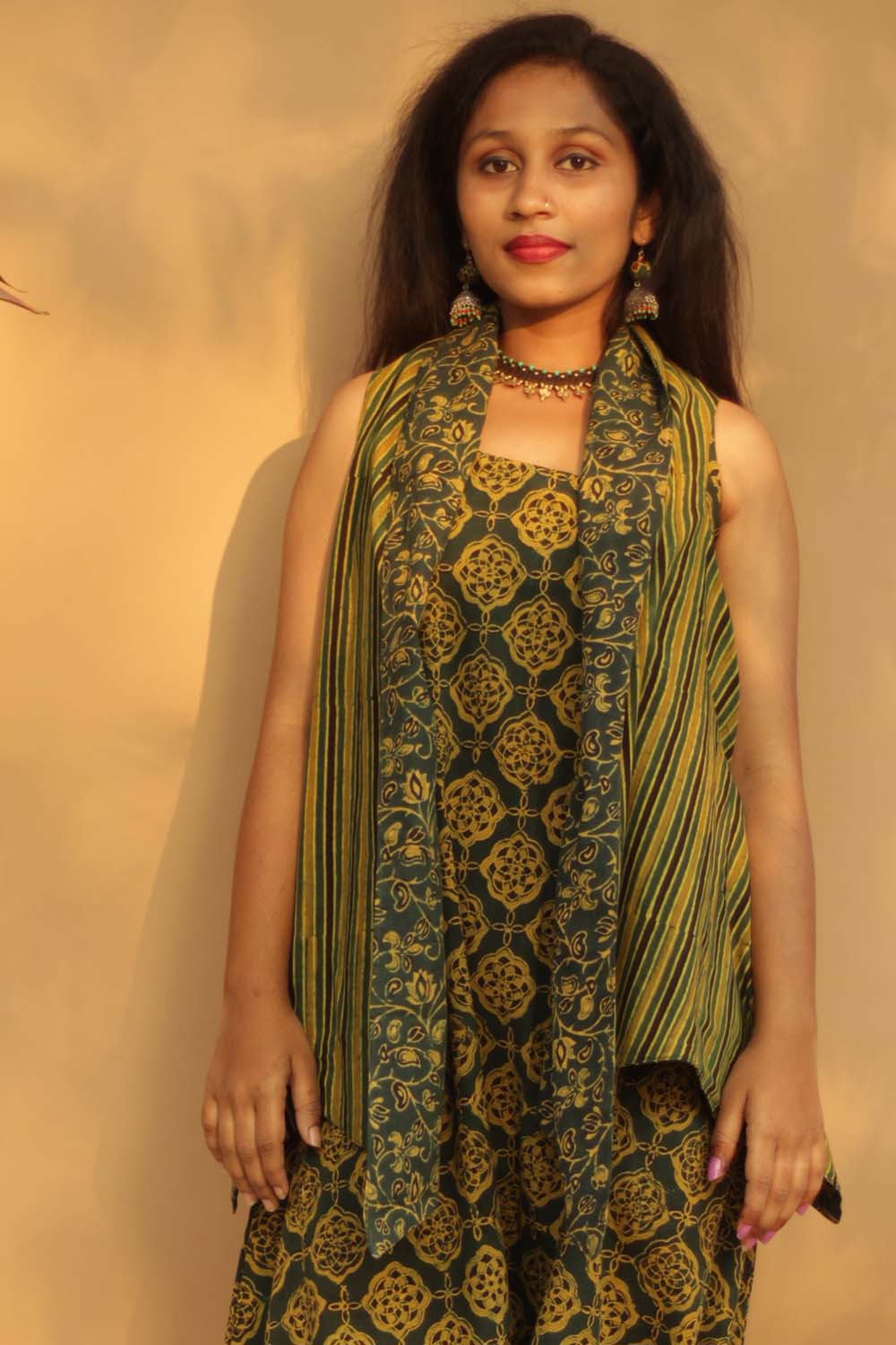 Tapered Reversible Jacket | Green Ajrakh Striped/Ajrakh Bel