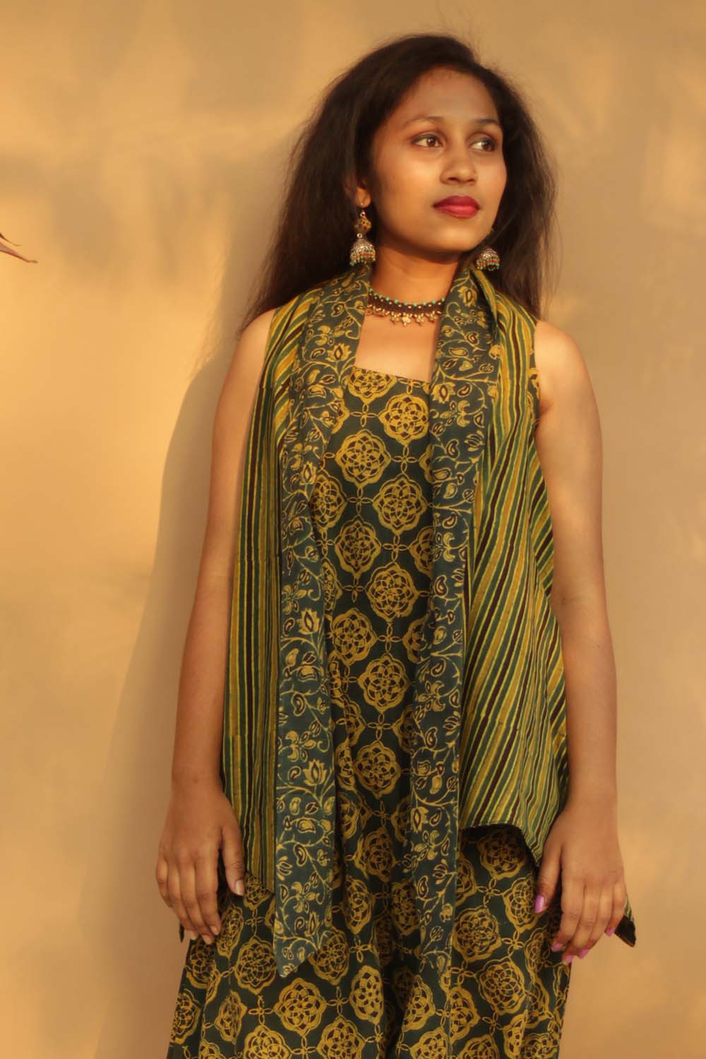 Tapered Reversible Jacket | Green Ajrakh Striped/Ajrakh Bel