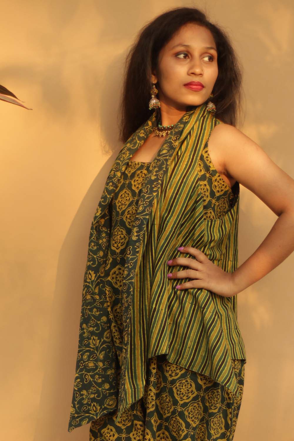 Tapered Reversible Jacket | Green Ajrakh Striped/Ajrakh Bel