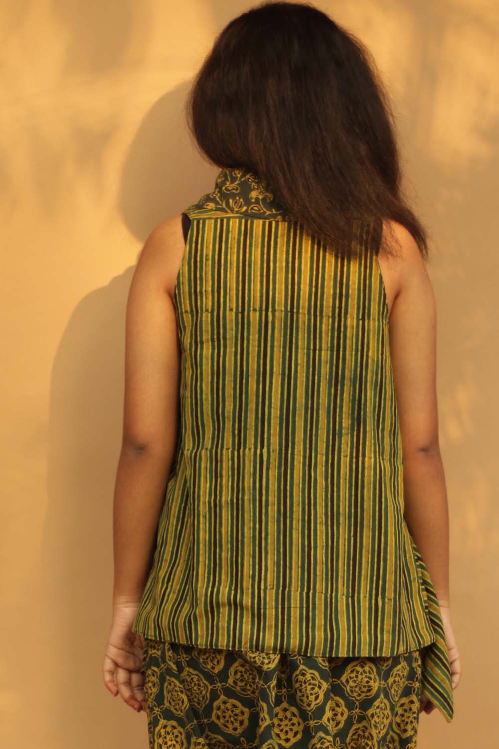 Tapered Reversible Jacket | Green Ajrakh Striped/Ajrakh Bel