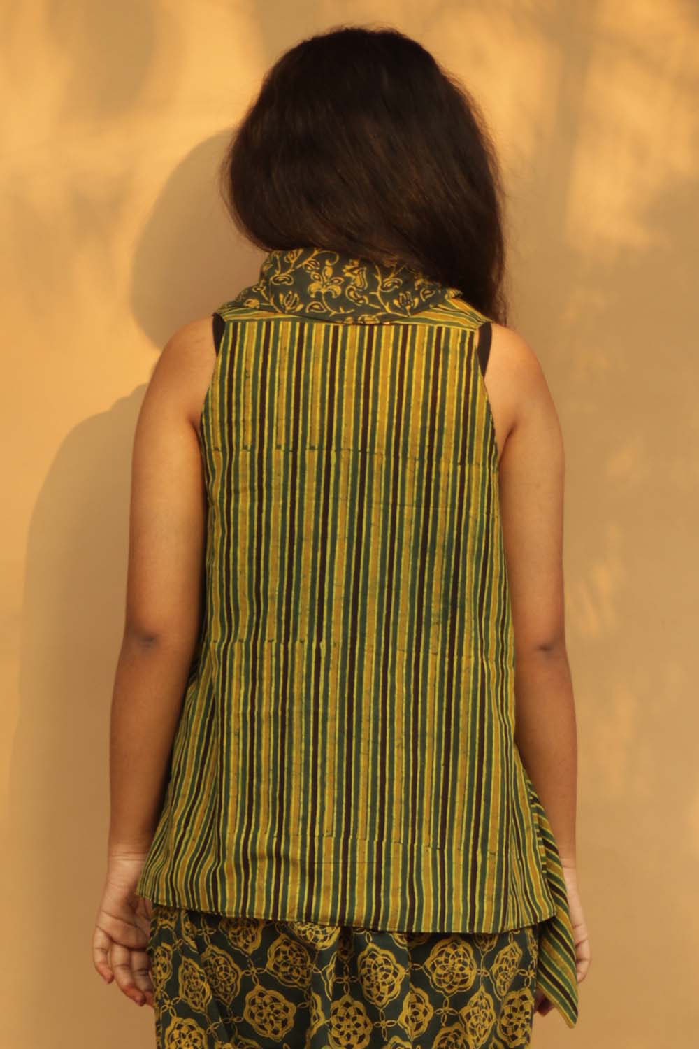 Tapered Reversible Jacket | Green Ajrakh Striped/Ajrakh Bel