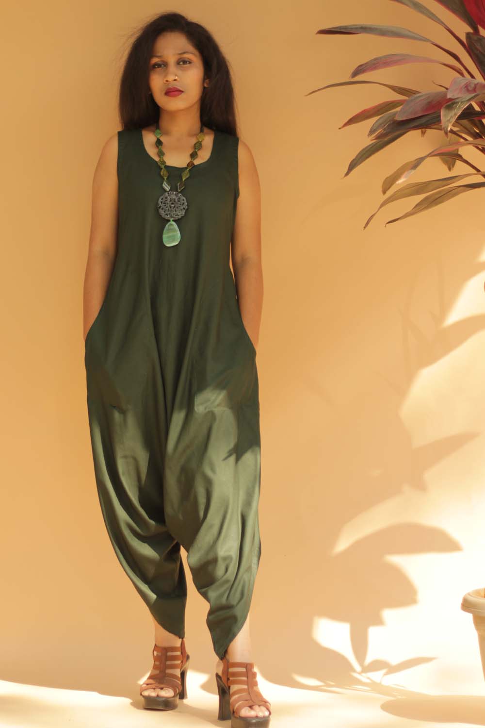 Jodhpuri Jumpsuit in Army Green with Ajrakh