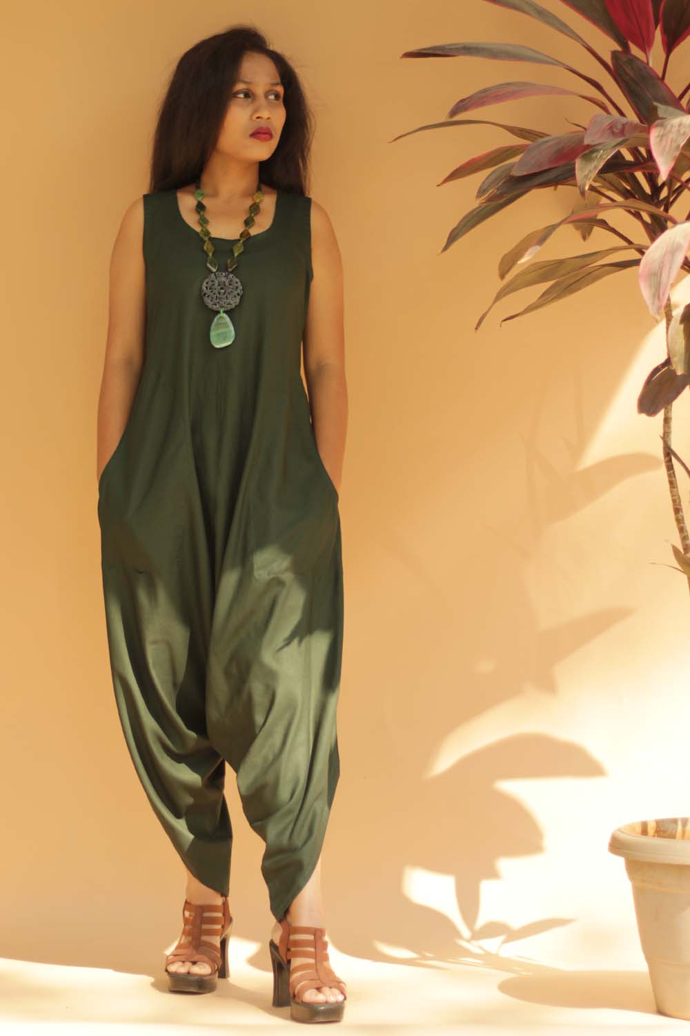 Jodhpuri Jumpsuit in Army Green with Ajrakh