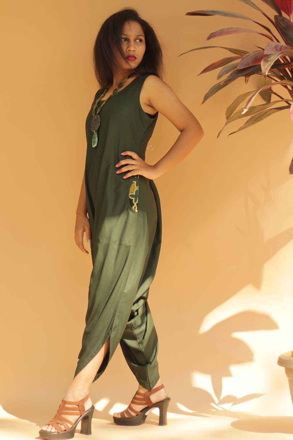 Jodhpuri Jumpsuit | Army Green with Ajrakh
