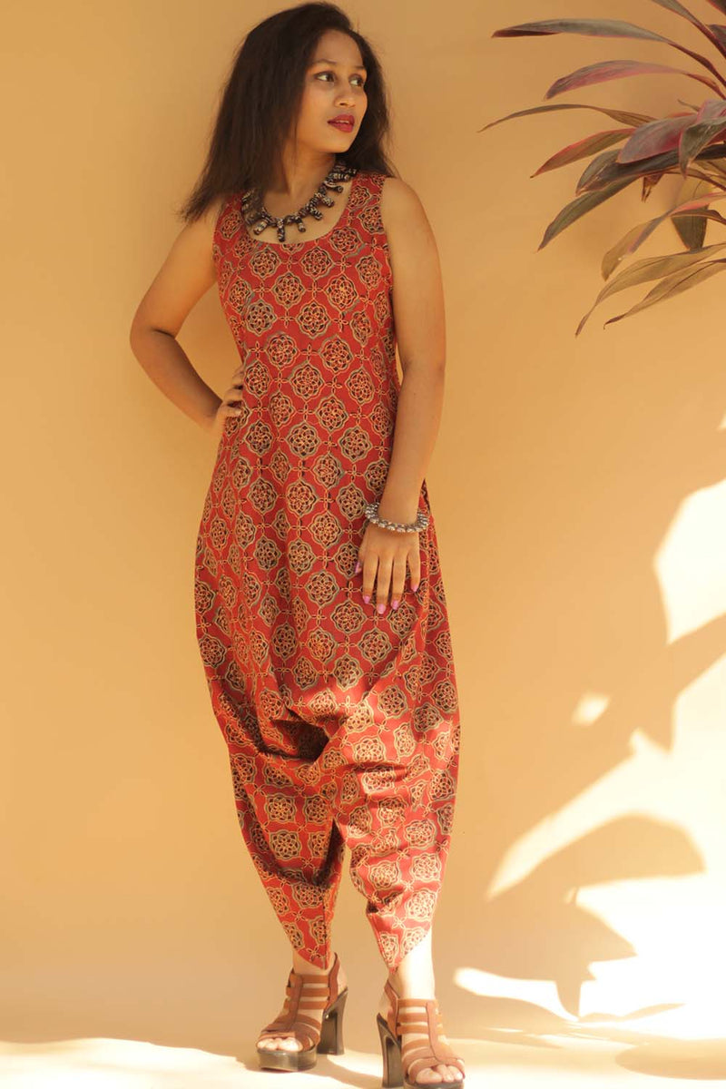 Jodhpuri Jumpsuit in Red Ajrakh Lattice