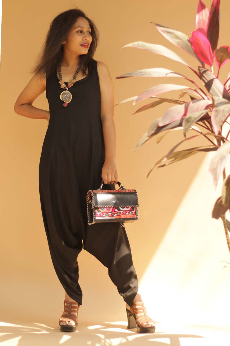 Jodhpuri Jumpsuit- Simply Black with Ajrakh