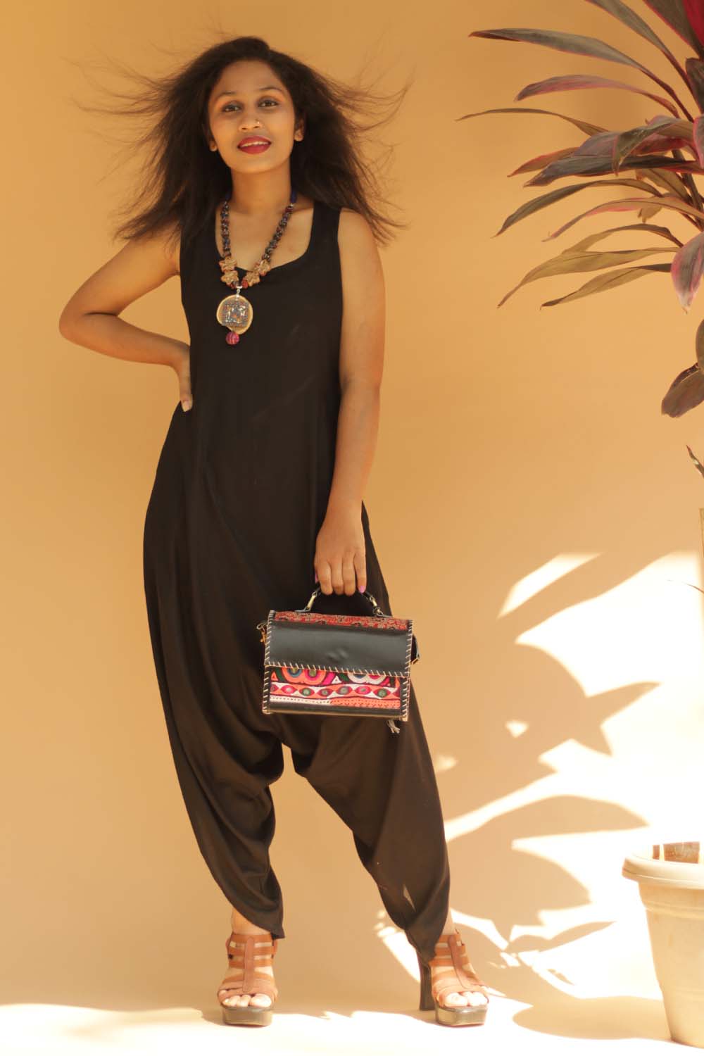 Jodhpuri Jumpsuit- Simply Black with Ajrakh