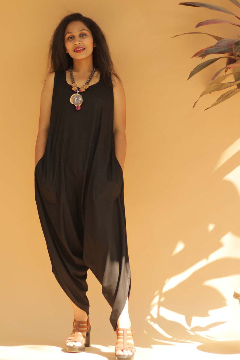 Jodhpuri Jumpsuit- Simply Black with Ajrakh