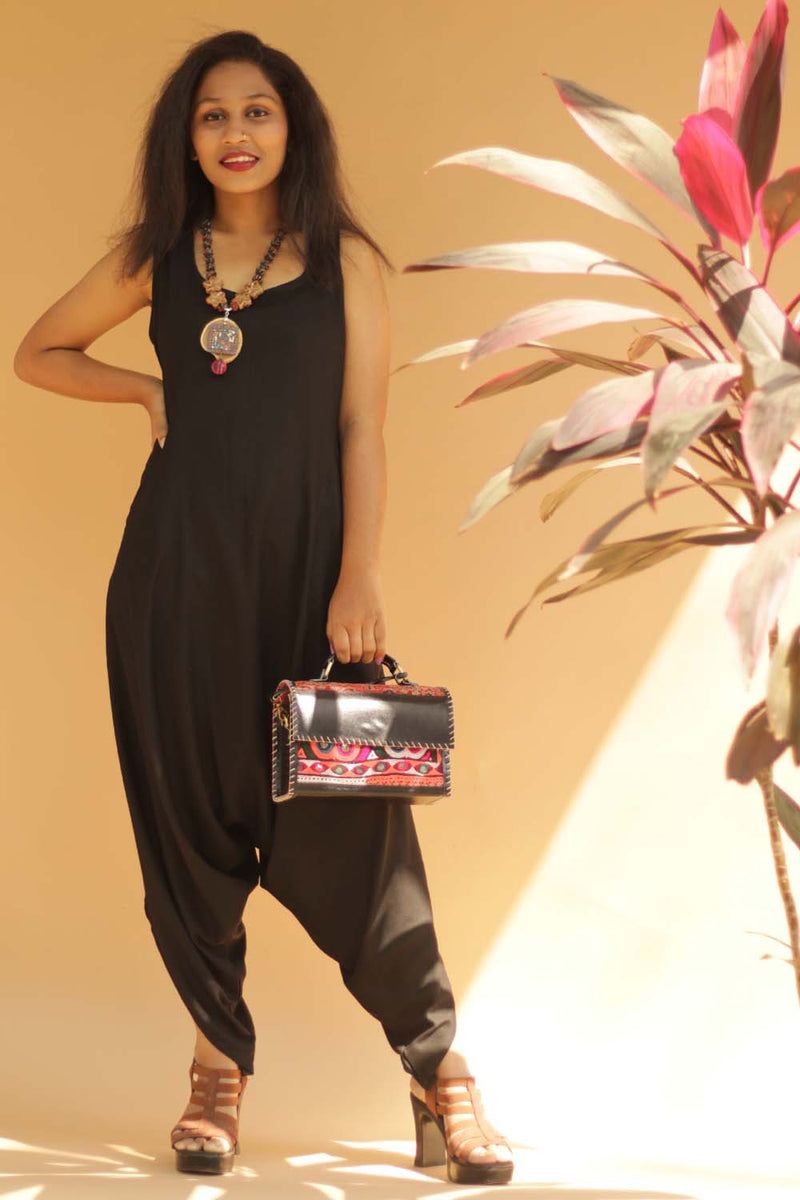 Jodhpuri Jumpsuit- Simply Black with Ajrakh