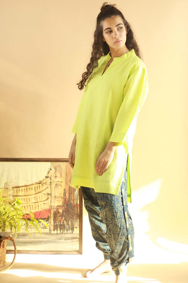 Short Kurta in Lemon Green Linen