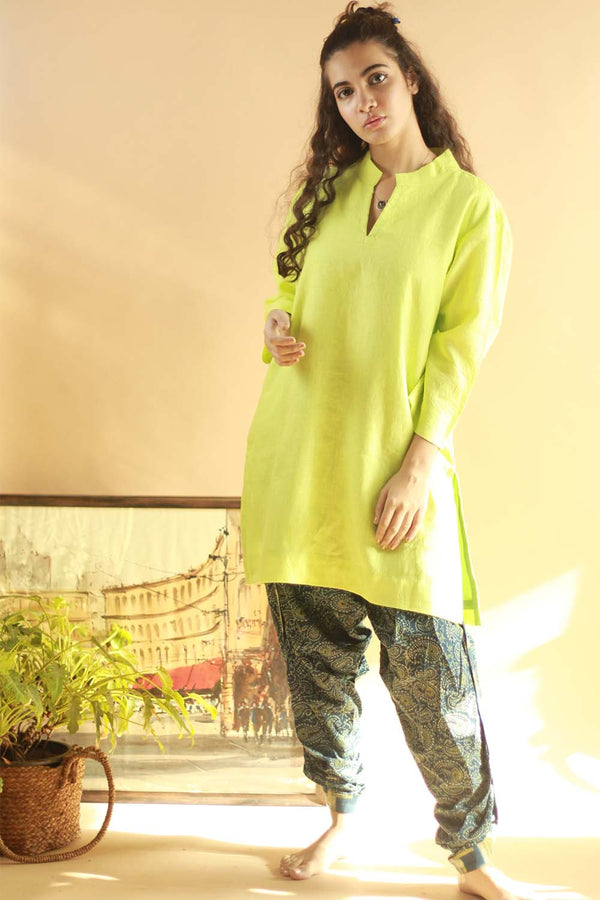 Short Kurta in Lemon Green Linen