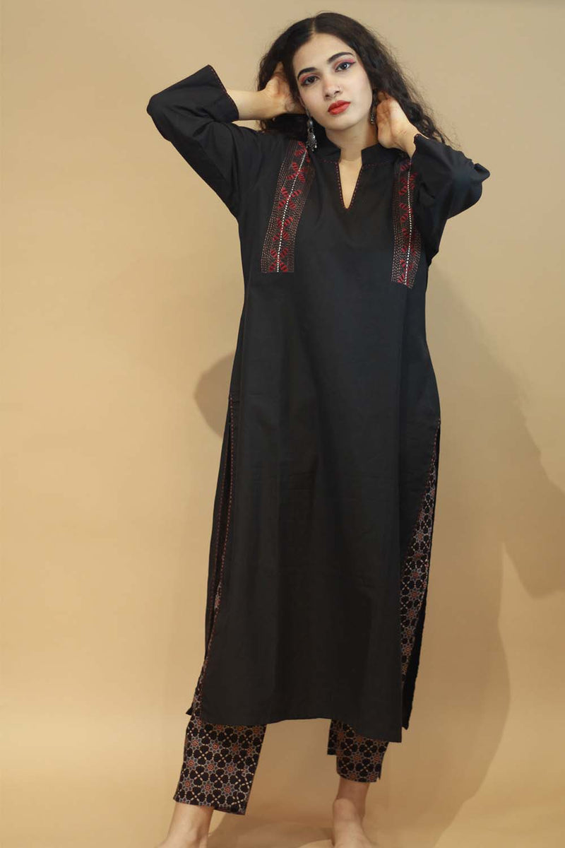 Hand Embroidered Long Kurta in Black