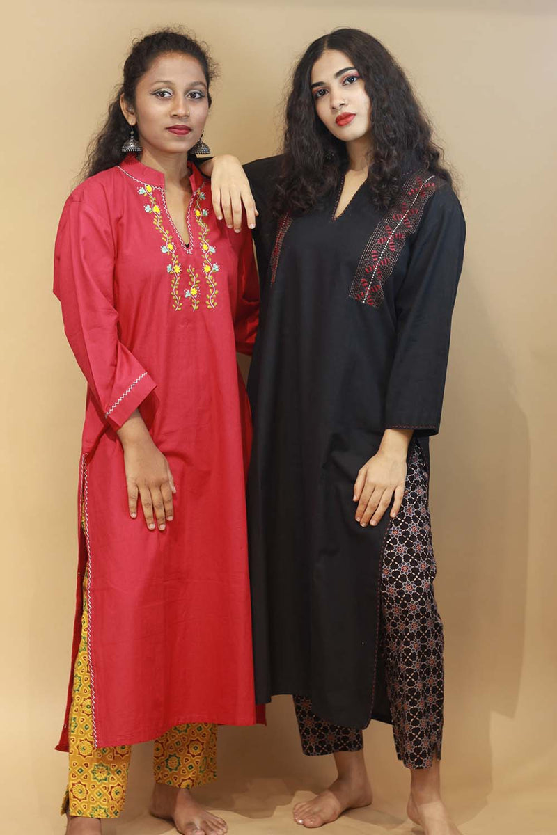 Riya | Embroidered Cotton Kurta | Black