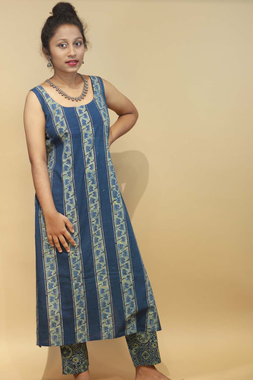 Ajrakh Sea Green Sleeveless Long Kurta