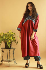 Gathered Yoke Boho Kurta - Red with Indigo