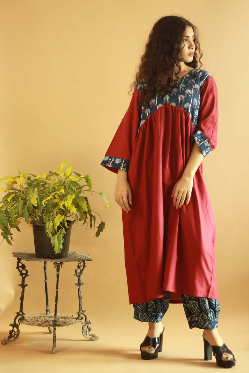 Gathered Yoke Boho Kurta - Red with Indigo