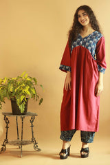 Gathered Yoke Boho Kurta - Red with Indigo