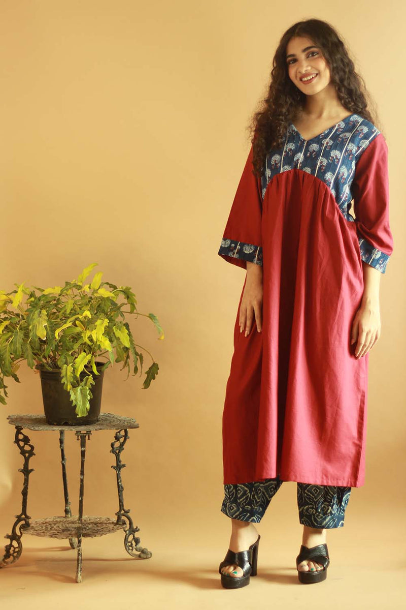 Gathered Yoke Boho Kurta - Red with Indigo