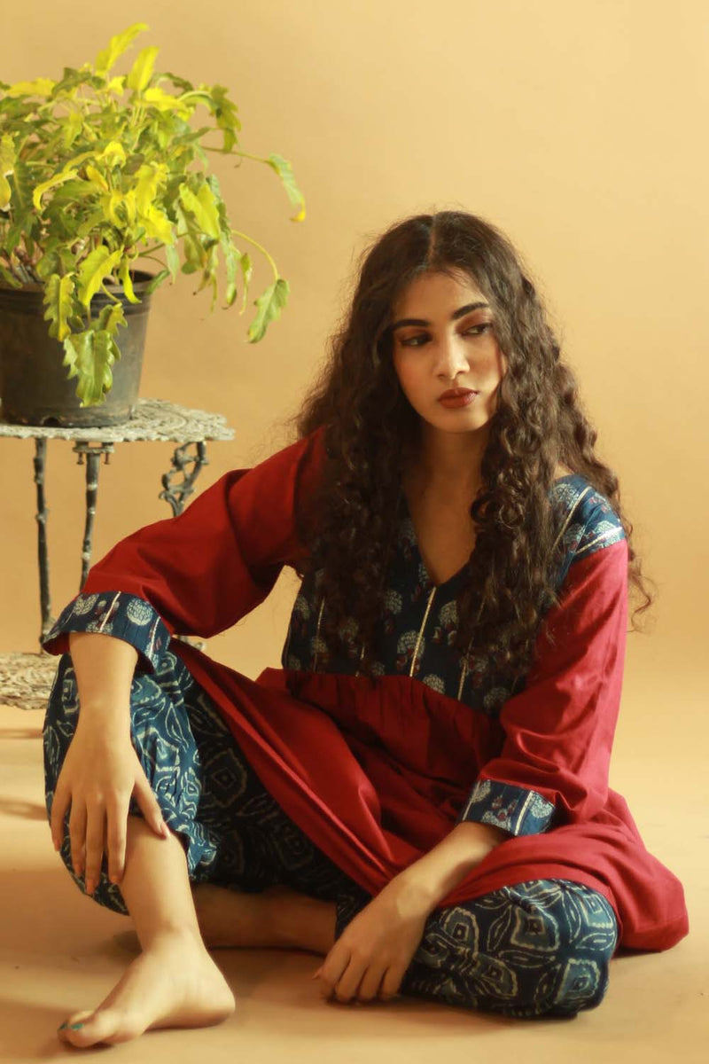 Gathered Yoke Boho Kurta - Red with Indigo