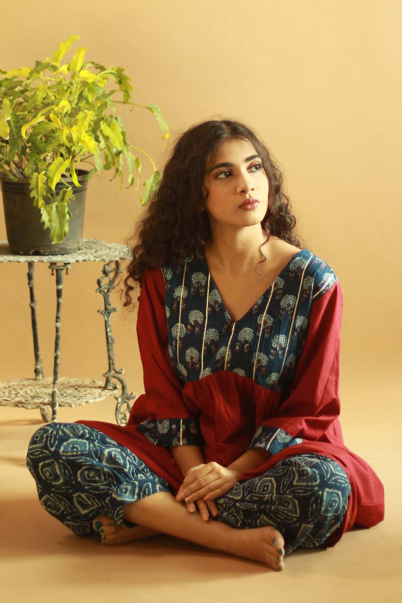 Gathered Yoke Boho Kurta - Red with Indigo
