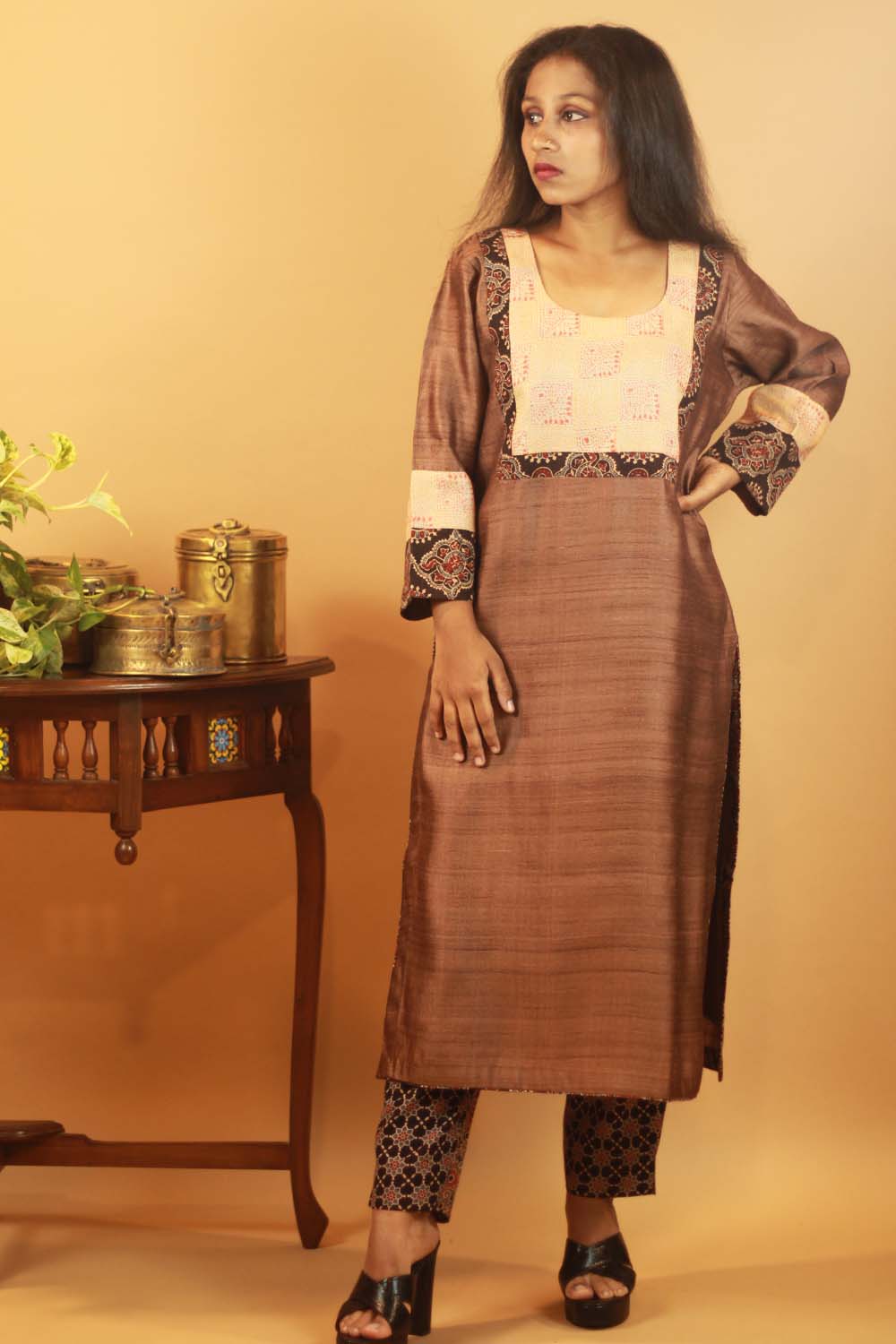 Pure Tussar Silk Kurta with Ajrakh