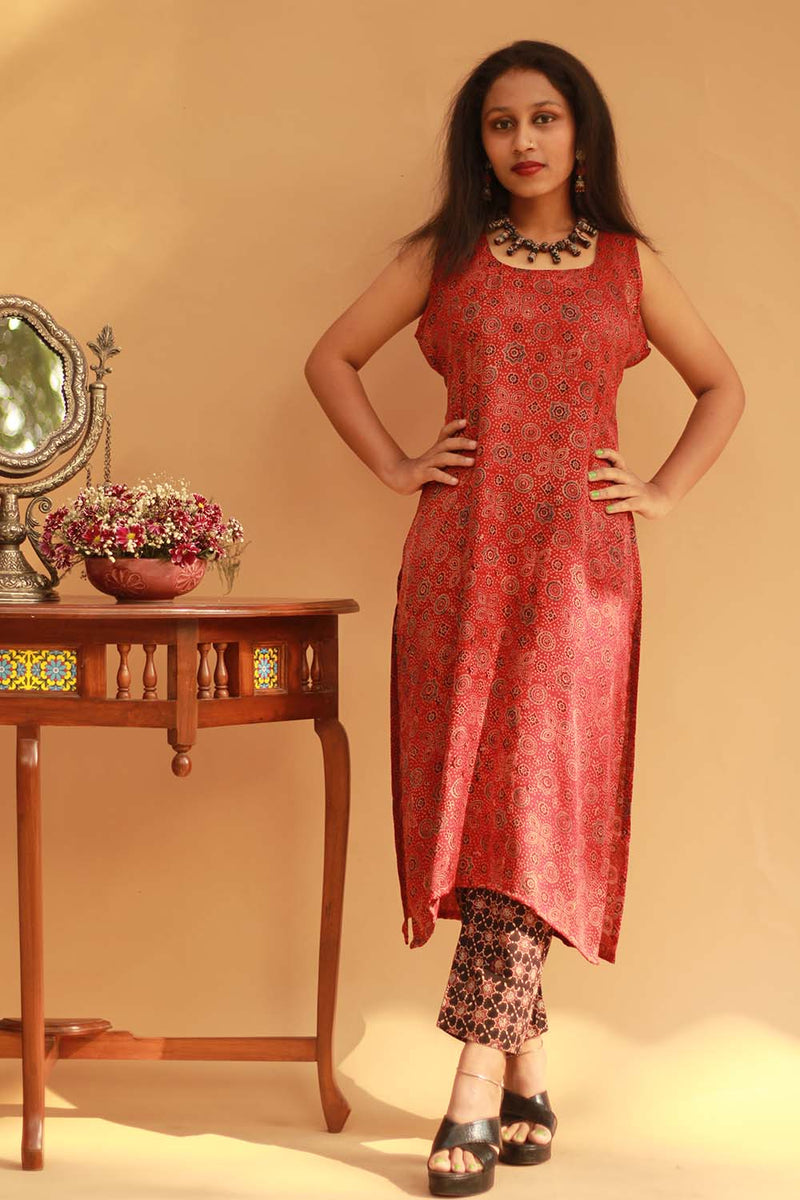 Modal Silk Kurta in Universe Ajrakh- Red