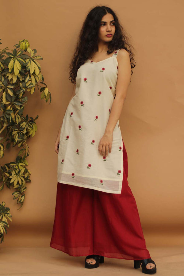 Strappy Short Kurta in Embroidered Mul