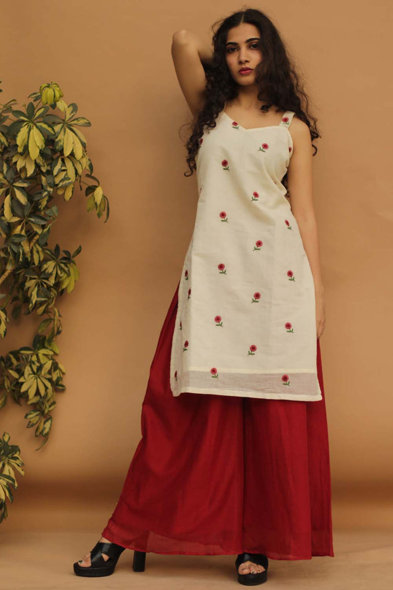 Strappy Short Kurta in Embroidered Mul
