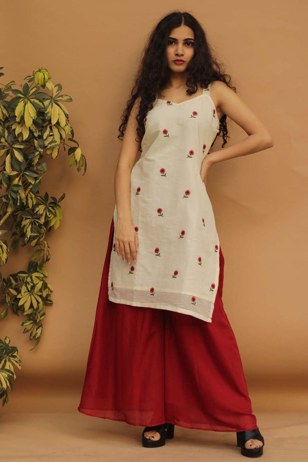 Strappy Short Kurta in Embroidered Mul