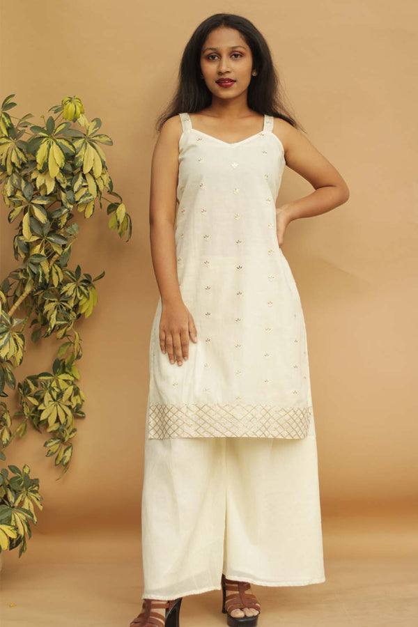 Strappy Short Kurta in Ivory Gold Mul