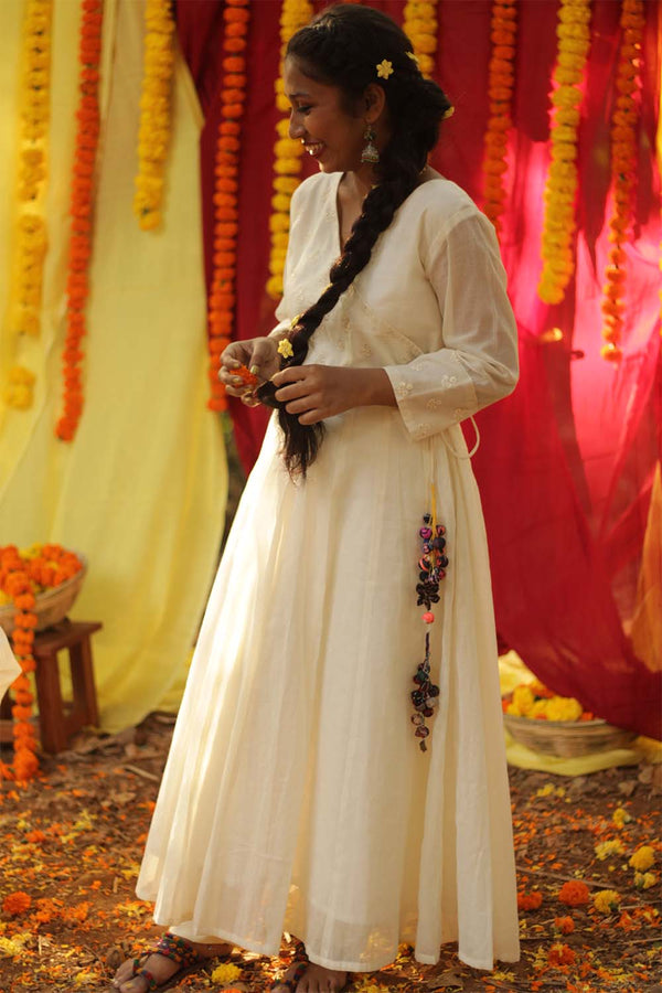 Angarkha in Embroidered Ivory with Potli Latkans