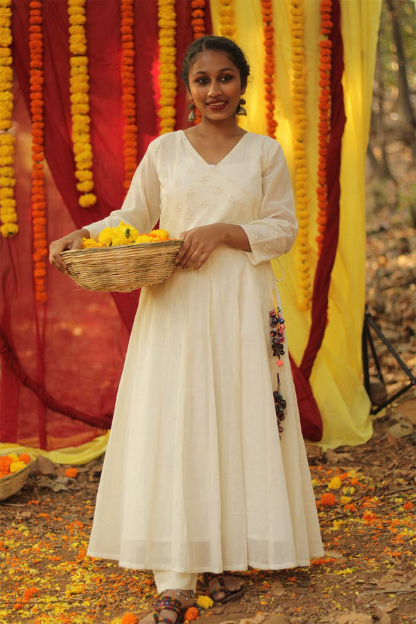 Angarkha in Embroidered Ivory with Potli Latkans