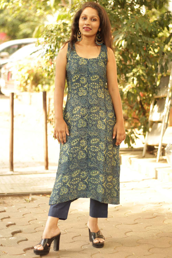 Sahaj | Ajrakh Modal Silk Kurta | Sea Green Floral