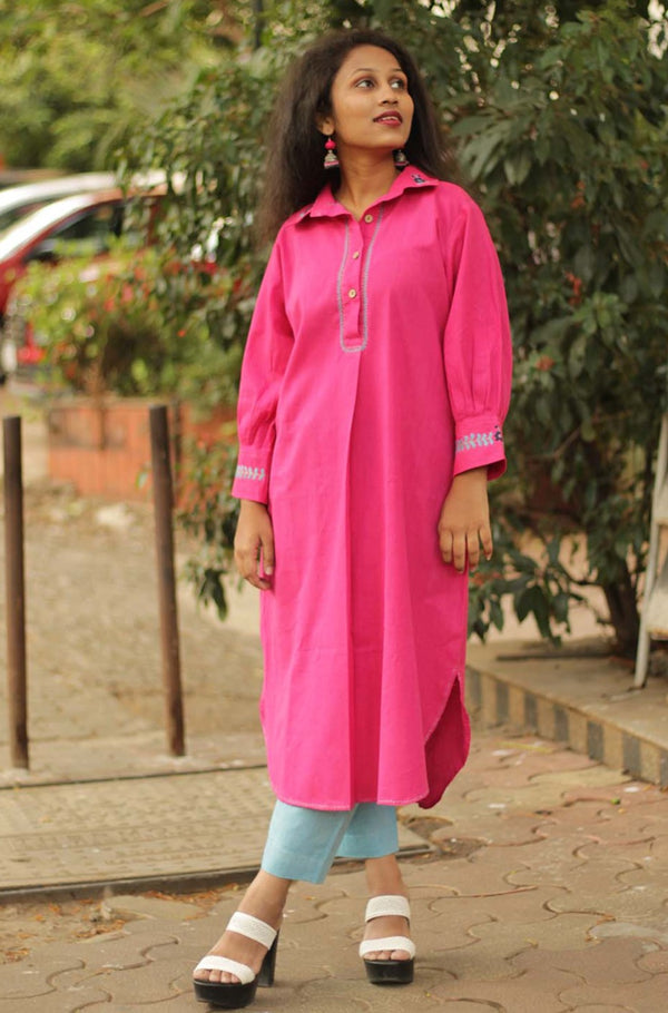 Gulaabi- Hand Embroidered Collared Kurta