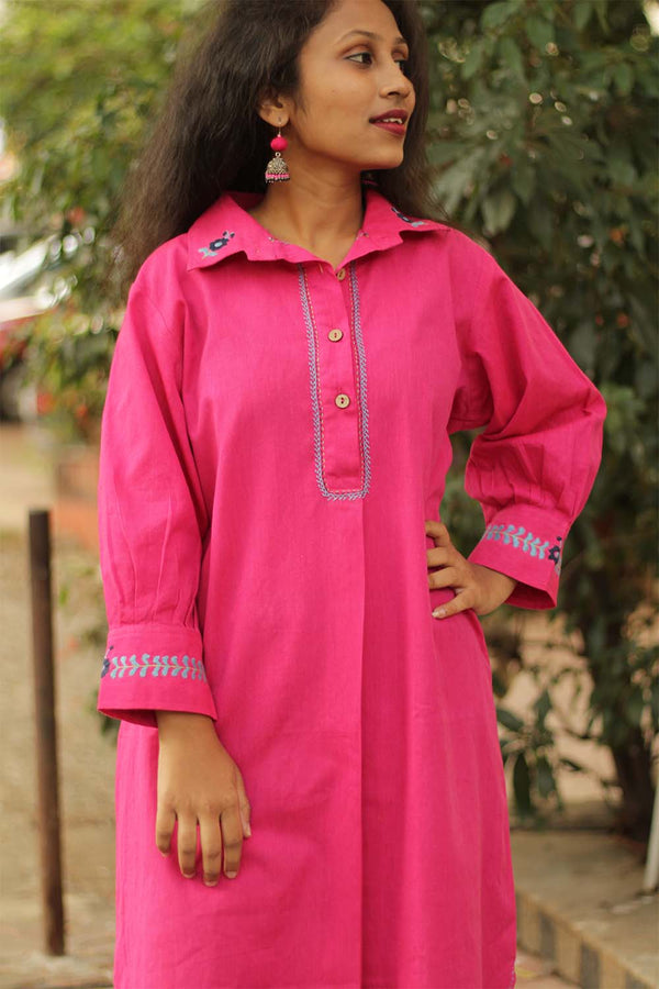 Gulaabi- Hand Embroidered Collared Kurta